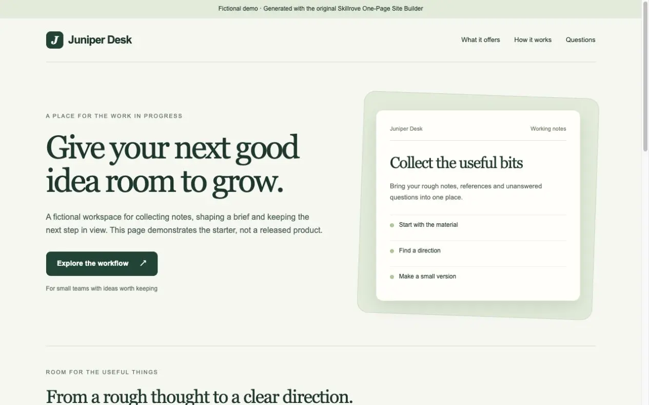 One-Page Site Builder result preview